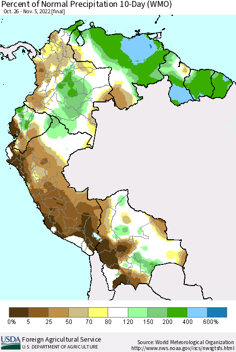 Northern South America Percent of Normal Precipitation 10-Day (WMO) Thematic Map For 10/26/2022 - 11/5/2022