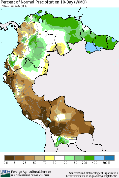 Northern South America Percent of Normal Precipitation 10-Day (WMO) Thematic Map For 11/1/2022 - 11/10/2022