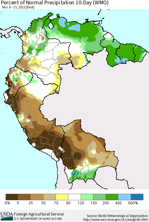 Northern South America Percent of Normal Precipitation 10-Day (WMO) Thematic Map For 11/6/2022 - 11/15/2022