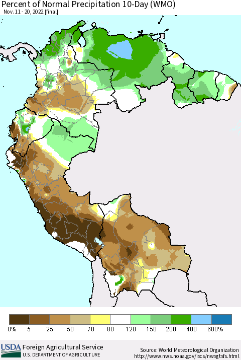 Northern South America Percent of Normal Precipitation 10-Day (WMO) Thematic Map For 11/11/2022 - 11/20/2022