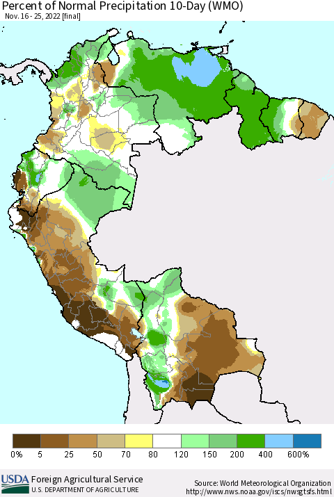 Northern South America Percent of Normal Precipitation 10-Day (WMO) Thematic Map For 11/16/2022 - 11/25/2022