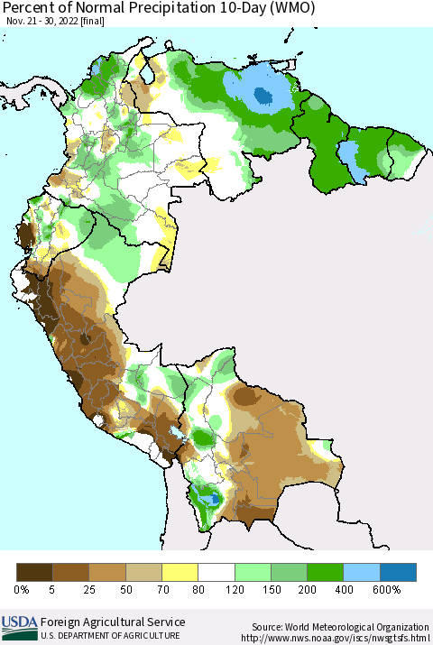 Northern South America Percent of Normal Precipitation 10-Day (WMO) Thematic Map For 11/21/2022 - 11/30/2022