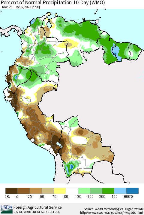 Northern South America Percent of Normal Precipitation 10-Day (WMO) Thematic Map For 11/26/2022 - 12/5/2022