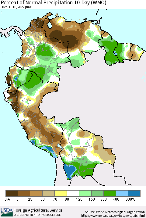 Northern South America Percent of Normal Precipitation 10-Day (WMO) Thematic Map For 12/1/2022 - 12/10/2022