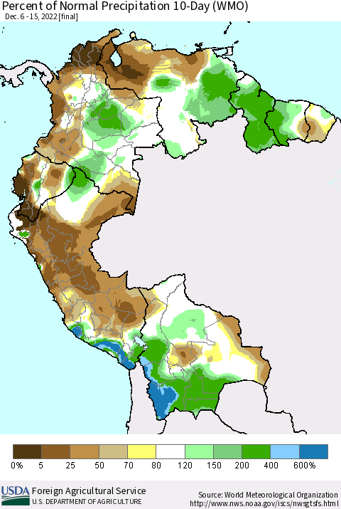 Northern South America Percent of Normal Precipitation 10-Day (WMO) Thematic Map For 12/6/2022 - 12/15/2022