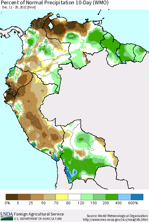 Northern South America Percent of Normal Precipitation 10-Day (WMO) Thematic Map For 12/11/2022 - 12/20/2022