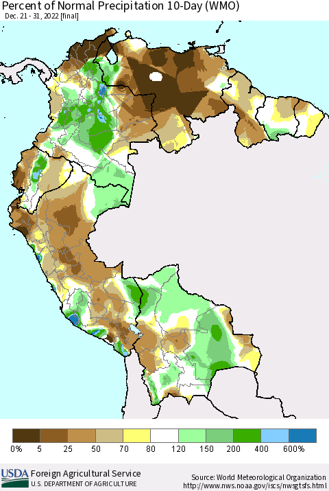 Northern South America Percent of Normal Precipitation 10-Day (WMO) Thematic Map For 12/21/2022 - 12/31/2022