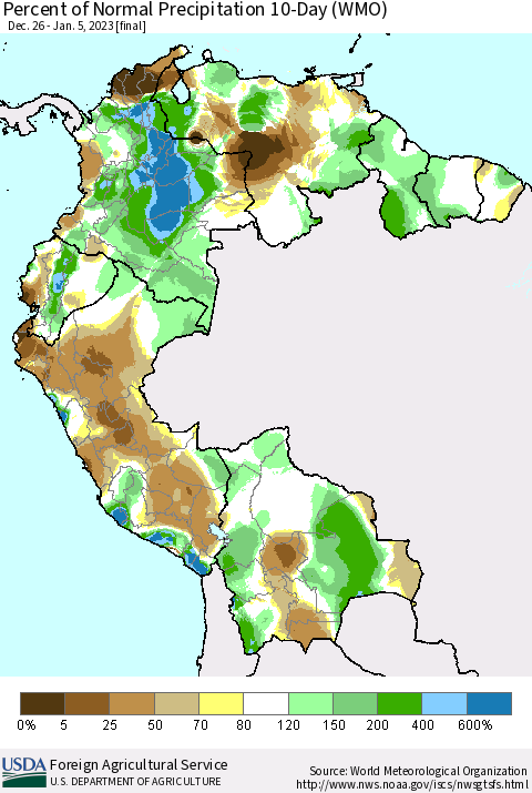 Northern South America Percent of Normal Precipitation 10-Day (WMO) Thematic Map For 12/26/2022 - 1/5/2023