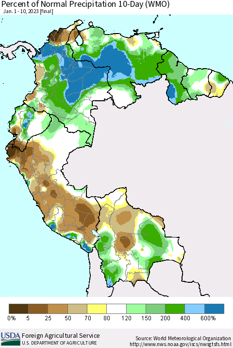 Northern South America Percent of Normal Precipitation 10-Day (WMO) Thematic Map For 1/1/2023 - 1/10/2023