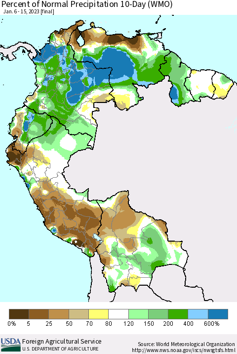 Northern South America Percent of Normal Precipitation 10-Day (WMO) Thematic Map For 1/6/2023 - 1/15/2023