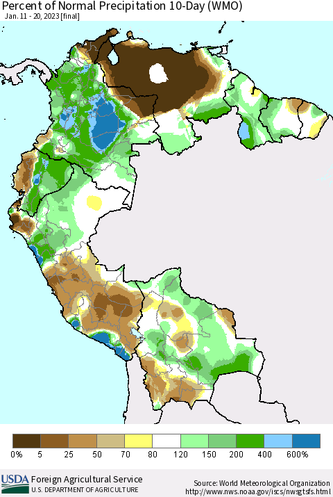 Northern South America Percent of Normal Precipitation 10-Day (WMO) Thematic Map For 1/11/2023 - 1/20/2023