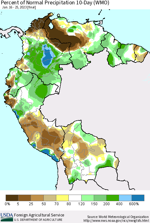 Northern South America Percent of Normal Precipitation 10-Day (WMO) Thematic Map For 1/16/2023 - 1/25/2023