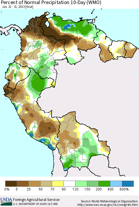Northern South America Percent of Normal Precipitation 10-Day (WMO) Thematic Map For 1/21/2023 - 1/31/2023