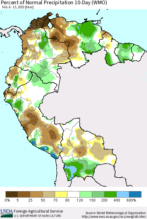 Northern South America Percent of Normal Precipitation 10-Day (WMO) Thematic Map For 2/6/2023 - 2/15/2023