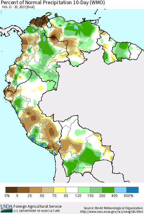 Northern South America Percent of Normal Precipitation 10-Day (WMO) Thematic Map For 2/11/2023 - 2/20/2023
