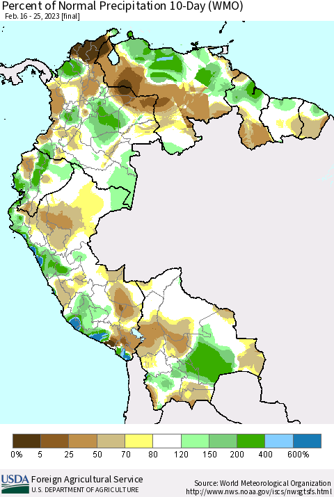 Northern South America Percent of Normal Precipitation 10-Day (WMO) Thematic Map For 2/16/2023 - 2/25/2023