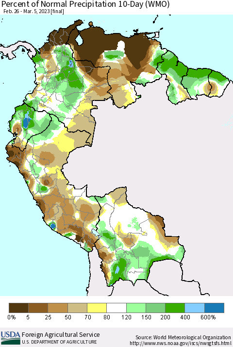 Northern South America Percent of Normal Precipitation 10-Day (WMO) Thematic Map For 2/26/2023 - 3/5/2023