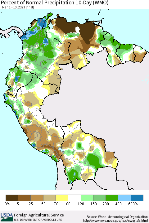 Northern South America Percent of Normal Precipitation 10-Day (WMO) Thematic Map For 3/1/2023 - 3/10/2023