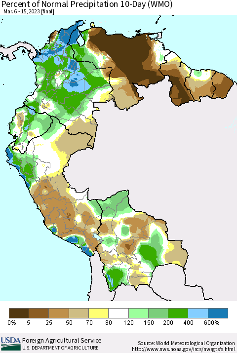 Northern South America Percent of Normal Precipitation 10-Day (WMO) Thematic Map For 3/6/2023 - 3/15/2023