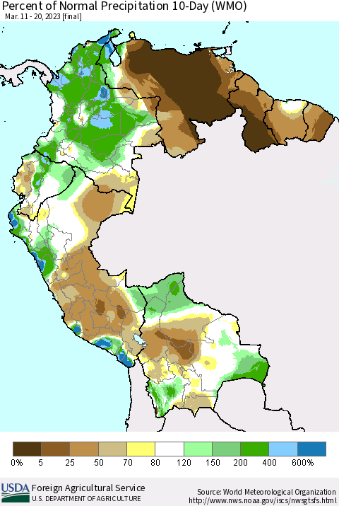 Northern South America Percent of Normal Precipitation 10-Day (WMO) Thematic Map For 3/11/2023 - 3/20/2023