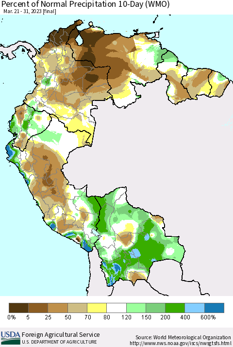 Northern South America Percent of Normal Precipitation 10-Day (WMO) Thematic Map For 3/21/2023 - 3/31/2023