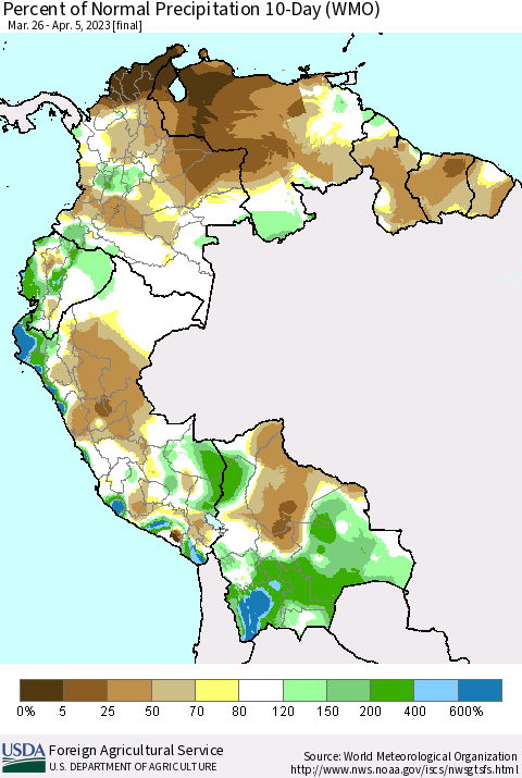 Northern South America Percent of Normal Precipitation 10-Day (WMO) Thematic Map For 3/26/2023 - 4/5/2023