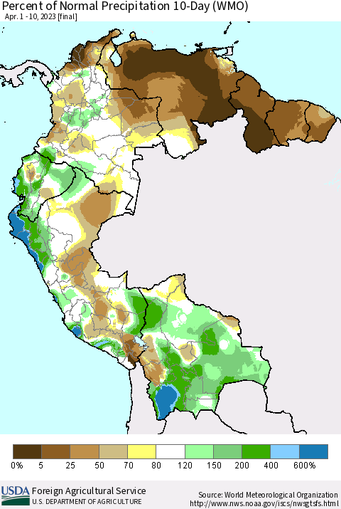 Northern South America Percent of Normal Precipitation 10-Day (WMO) Thematic Map For 4/1/2023 - 4/10/2023