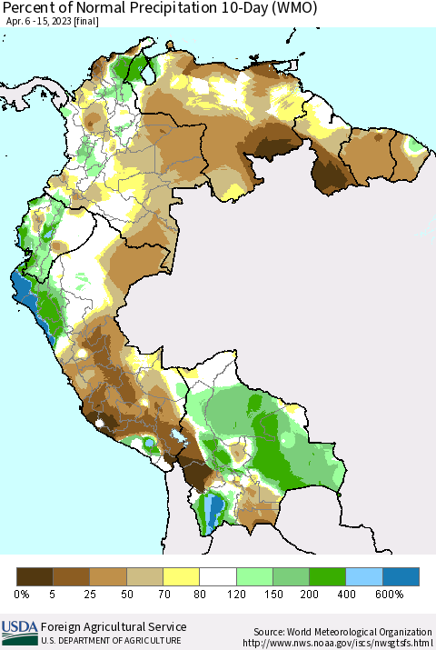 Northern South America Percent of Normal Precipitation 10-Day (WMO) Thematic Map For 4/6/2023 - 4/15/2023