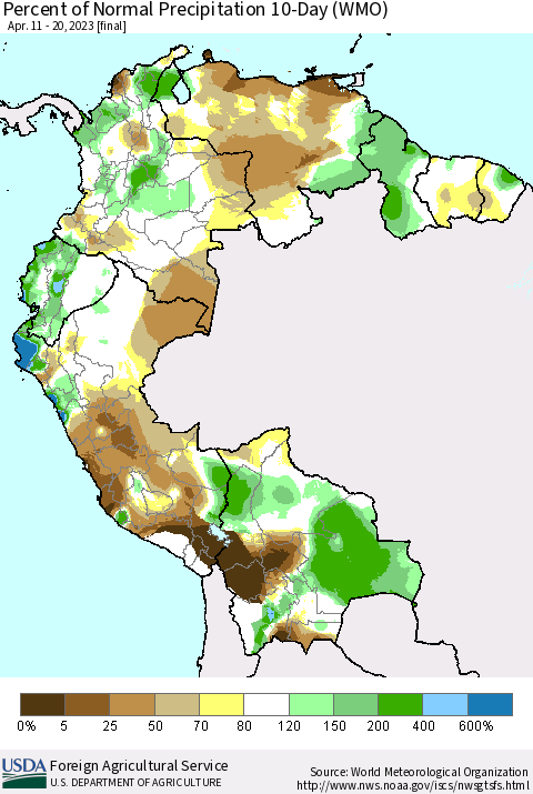 Northern South America Percent of Normal Precipitation 10-Day (WMO) Thematic Map For 4/11/2023 - 4/20/2023