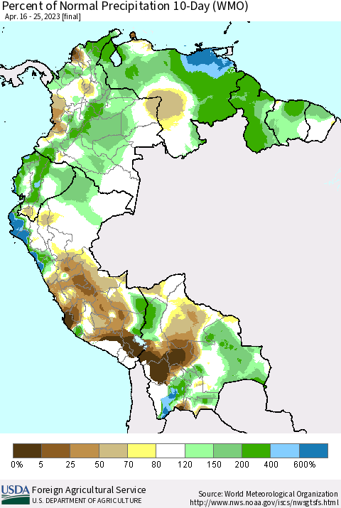 Northern South America Percent of Normal Precipitation 10-Day (WMO) Thematic Map For 4/16/2023 - 4/25/2023