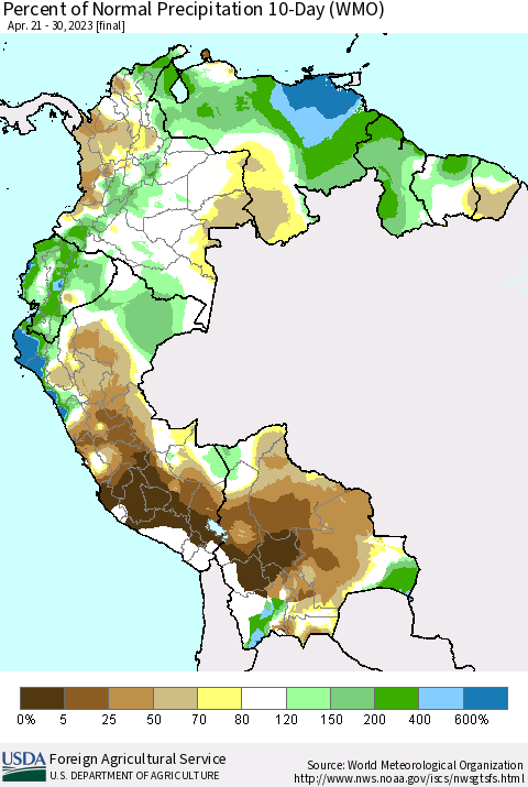 Northern South America Percent of Normal Precipitation 10-Day (WMO) Thematic Map For 4/21/2023 - 4/30/2023
