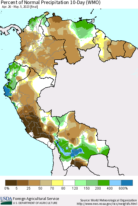 Northern South America Percent of Normal Precipitation 10-Day (WMO) Thematic Map For 4/26/2023 - 5/5/2023