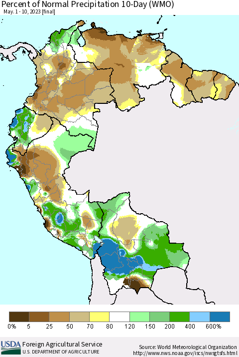 Northern South America Percent of Normal Precipitation 10-Day (WMO) Thematic Map For 5/1/2023 - 5/10/2023