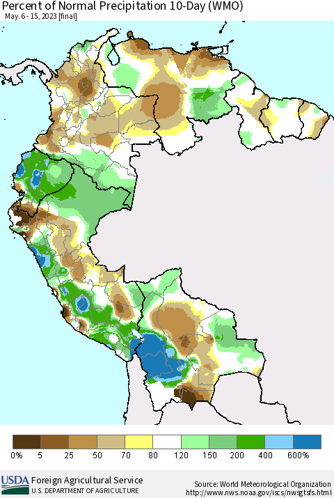 Northern South America Percent of Normal Precipitation 10-Day (WMO) Thematic Map For 5/6/2023 - 5/15/2023