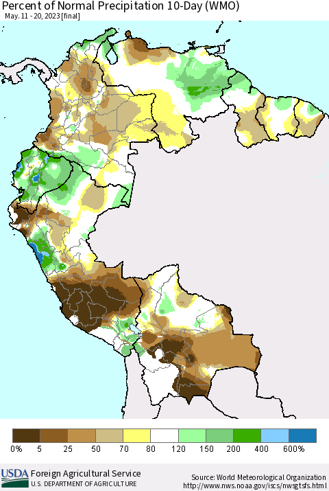 Northern South America Percent of Normal Precipitation 10-Day (WMO) Thematic Map For 5/11/2023 - 5/20/2023