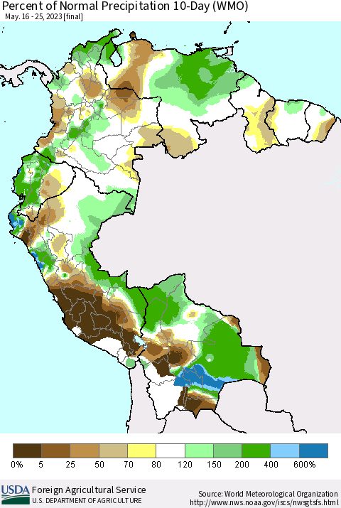 Northern South America Percent of Normal Precipitation 10-Day (WMO) Thematic Map For 5/16/2023 - 5/25/2023