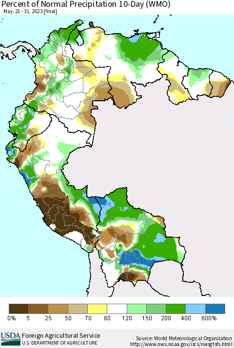 Northern South America Percent of Normal Precipitation 10-Day (WMO) Thematic Map For 5/21/2023 - 5/31/2023
