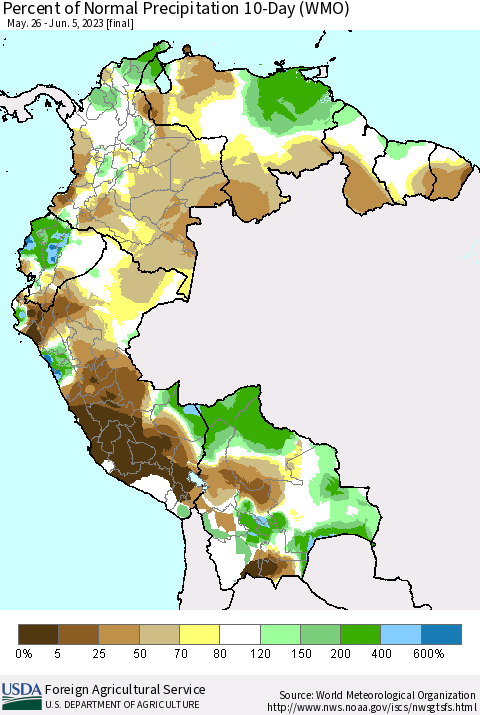Northern South America Percent of Normal Precipitation 10-Day (WMO) Thematic Map For 5/26/2023 - 6/5/2023
