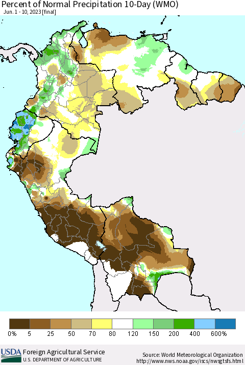 Northern South America Percent of Normal Precipitation 10-Day (WMO) Thematic Map For 6/1/2023 - 6/10/2023