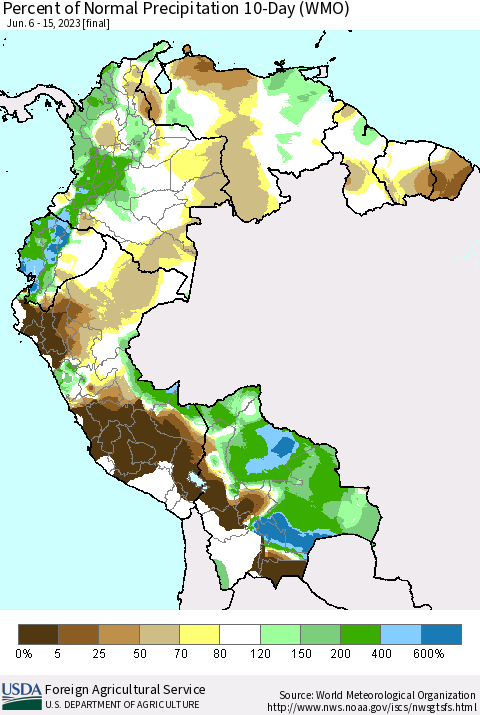 Northern South America Percent of Normal Precipitation 10-Day (WMO) Thematic Map For 6/6/2023 - 6/15/2023