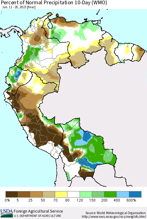 Northern South America Percent of Normal Precipitation 10-Day (WMO) Thematic Map For 6/11/2023 - 6/20/2023