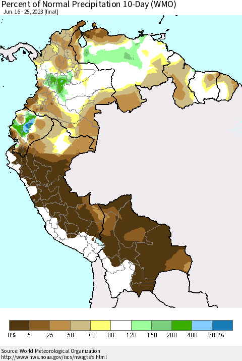 Northern South America Percent of Normal Precipitation 10-Day (WMO) Thematic Map For 6/16/2023 - 6/25/2023