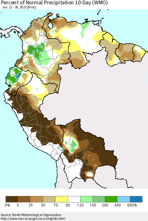 Northern South America Percent of Normal Precipitation 10-Day (WMO) Thematic Map For 6/21/2023 - 6/30/2023