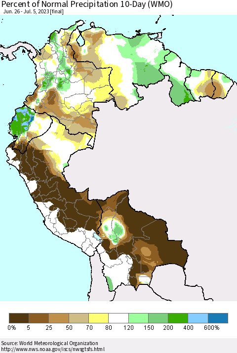 Northern South America Percent of Normal Precipitation 10-Day (WMO) Thematic Map For 6/26/2023 - 7/5/2023