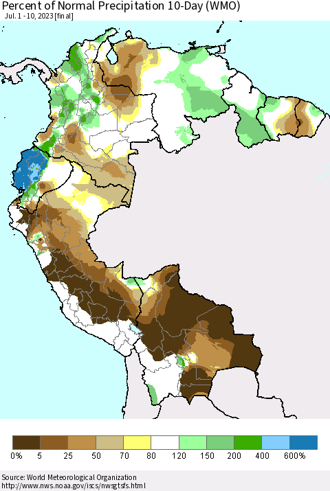 Northern South America Percent of Normal Precipitation 10-Day (WMO) Thematic Map For 7/1/2023 - 7/10/2023