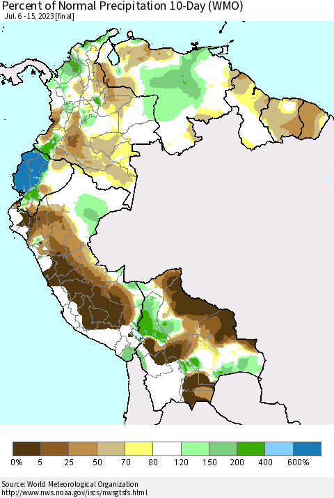 Northern South America Percent of Normal Precipitation 10-Day (WMO) Thematic Map For 7/6/2023 - 7/15/2023