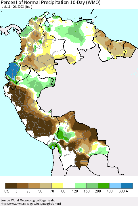 Northern South America Percent of Normal Precipitation 10-Day (WMO) Thematic Map For 7/11/2023 - 7/20/2023