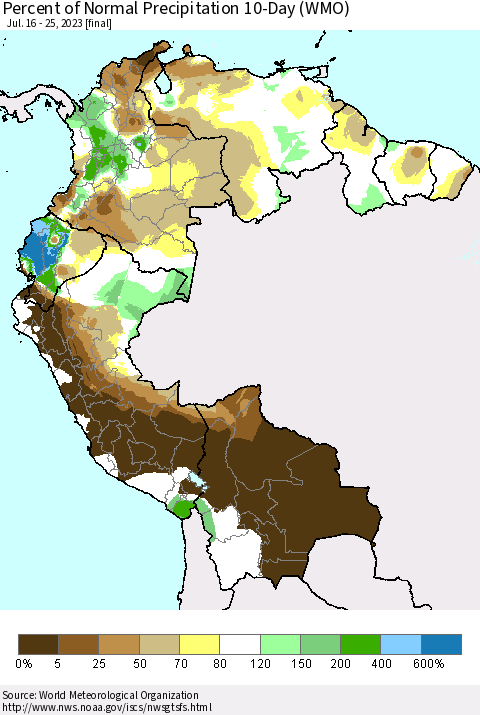 Northern South America Percent of Normal Precipitation 10-Day (WMO) Thematic Map For 7/16/2023 - 7/25/2023