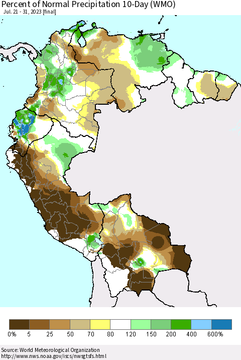 Northern South America Percent of Normal Precipitation 10-Day (WMO) Thematic Map For 7/21/2023 - 7/31/2023