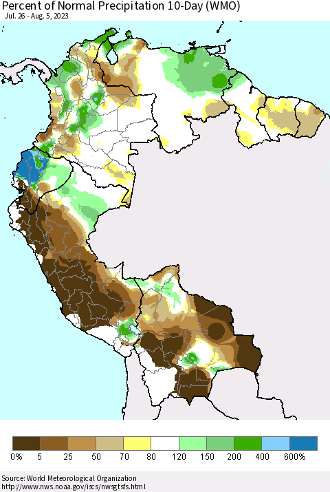 Northern South America Percent of Normal Precipitation 10-Day (WMO) Thematic Map For 7/26/2023 - 8/5/2023